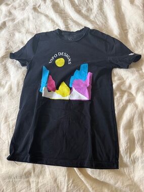 Topo Designs Black Kids Tee with Blue Pink Yellow Mountain Graphic